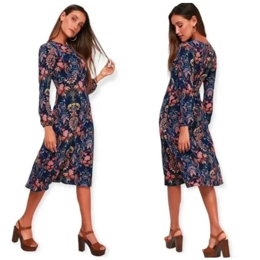 I. Madeline Garden Splendor Navy Blue Floral Print Dress